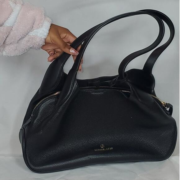 Black Pebbled Leather Shoulder Bag 3 Compartment Tote w/ Gold Zipper & Monogram - Picture 5 of 7